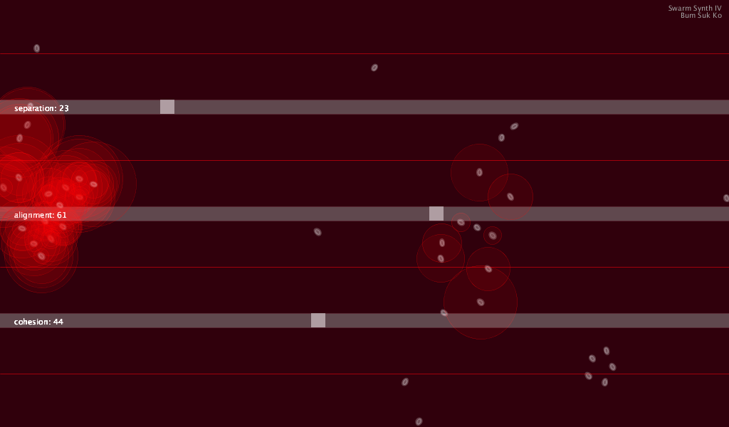 Swarm Synth IV (2019): the three sliders, the sine strings and the red trigger circles